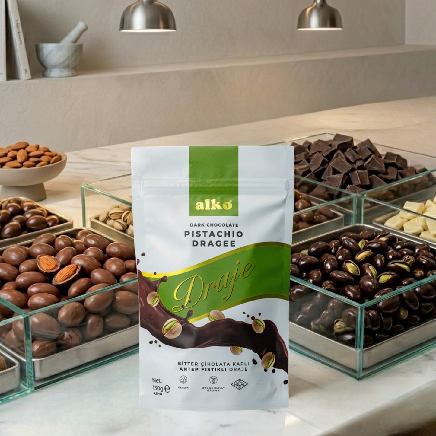 Bitter Çikolatalı Antep Fıstığı Draje 130 gr